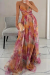 Women's Floral Maxi Cocktail Dress with V-Neck, Spaghetti Straps and A-Line Tulle Skirt