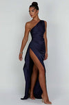Women's One-Shoulder Satin Maxi Dress with High Slit for Evening Events