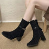 Women's Suede-Look Pointed-Toe Block-Heel Ankle Boots with Buckle Strap and Side Zip Closure