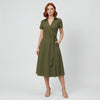 V-Neck Wrap A-Line Midi Dress with Waist Tie and Pockets for Women